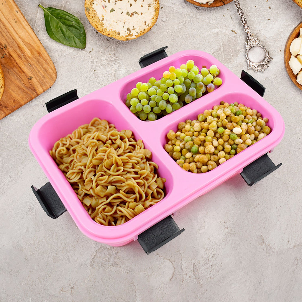Leak-proof seal and strong clasps on the 3-compartment lunch box for secure transport.