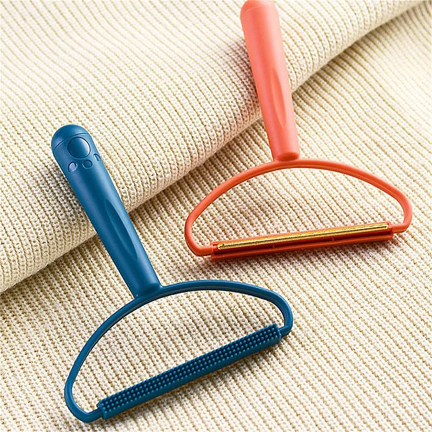 The versatile lint remover effectively cleaning lint and debris from a carpet surface using its copper blade.