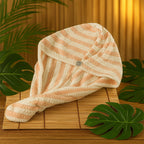 Model wearing microfiber hair drying towel wrap with cute teddy bear button
