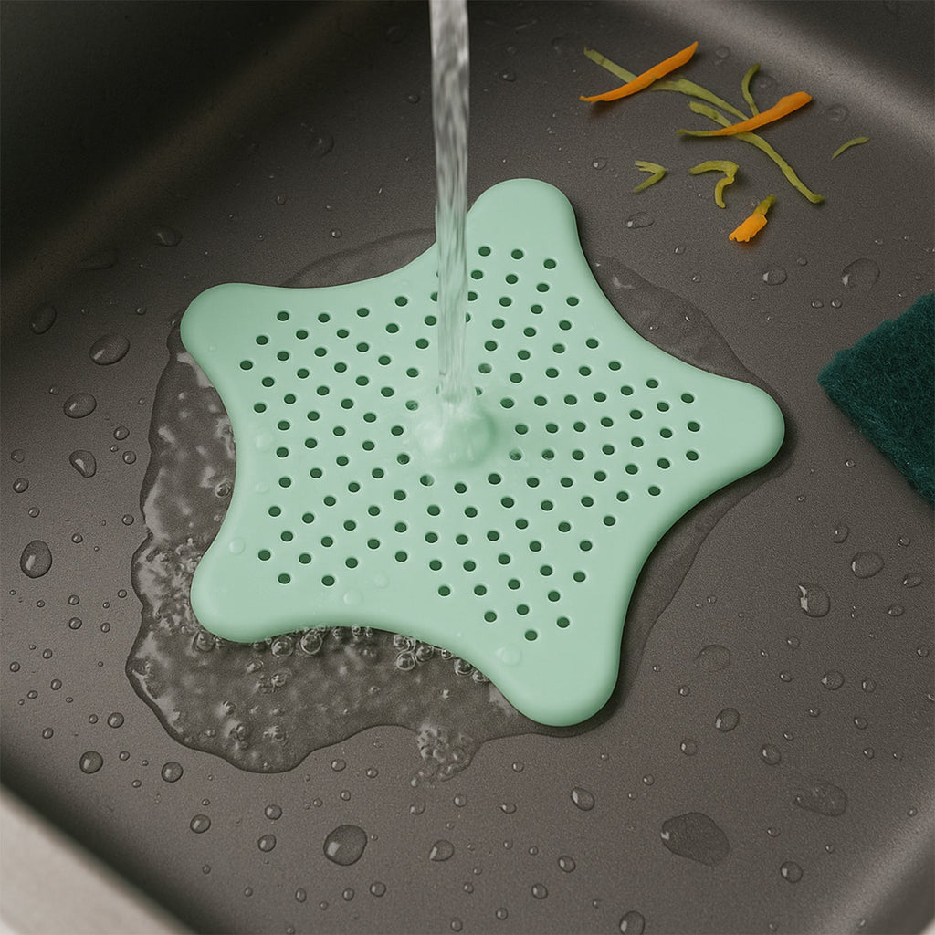 Silicone star shaped bathroom drain strainer installed in sink