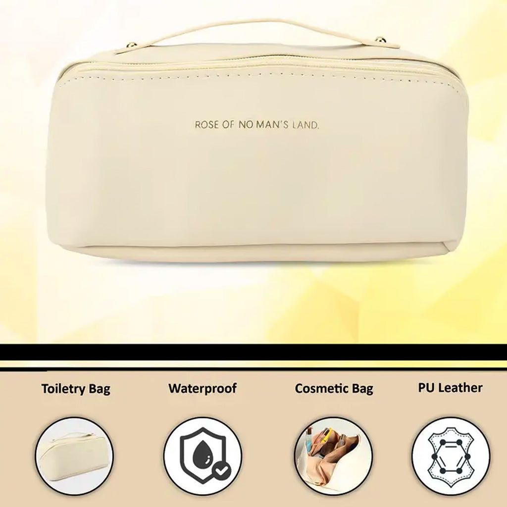 Travel organizer makeup bag with sturdy stitched handle for carrying