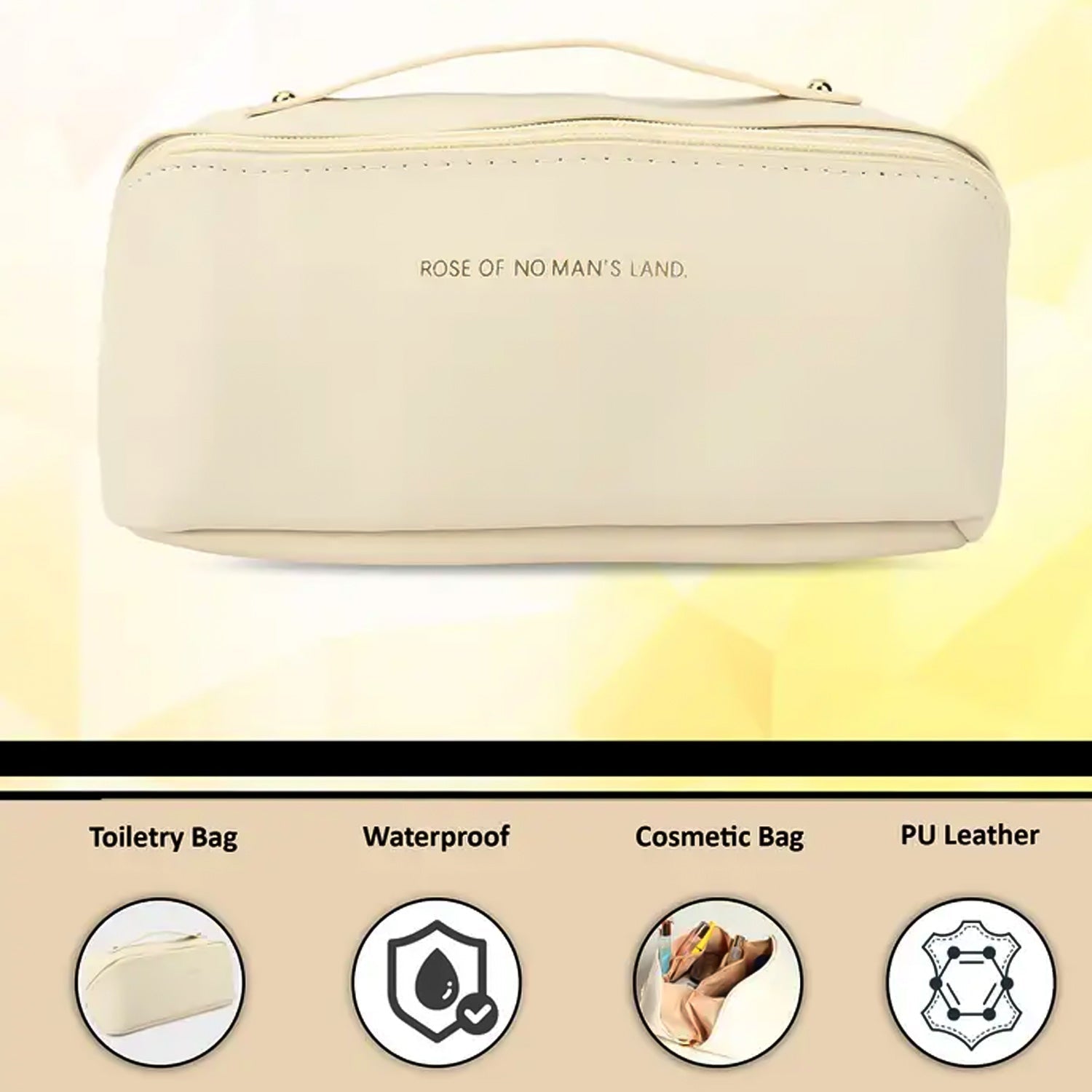Travel organizer makeup bag with sturdy stitched handle for carrying