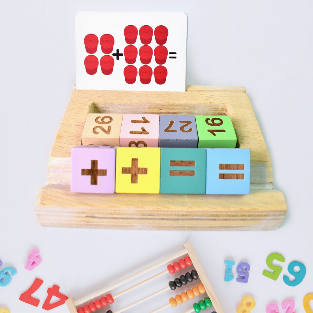 Aditi wooden math game for kids featuring number blocks and colorful flashcards.