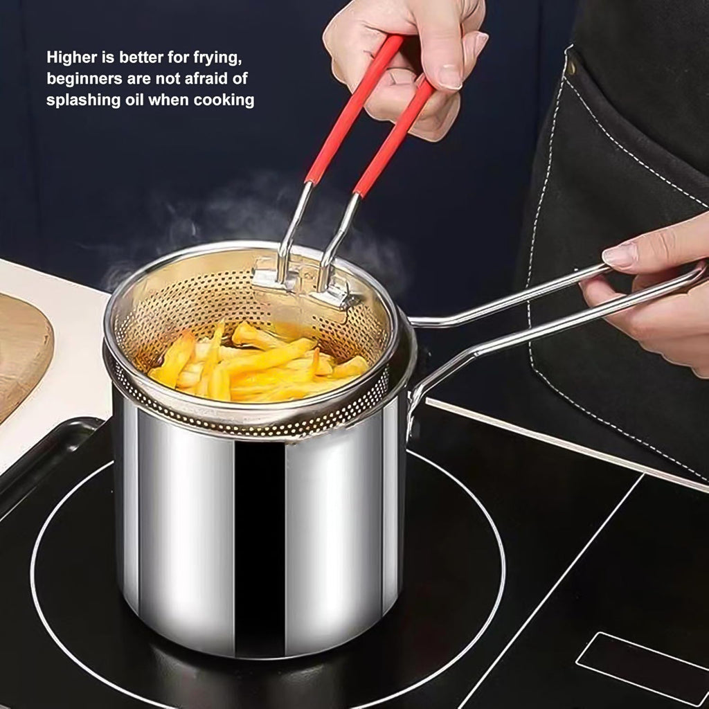 FirePot Deep Frying Pot with strainer basket frying crispy golden French fries.