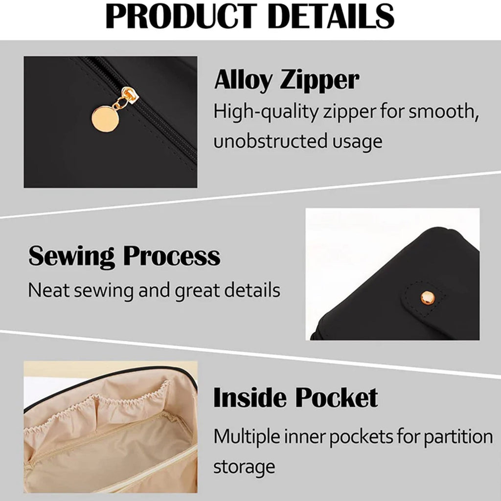 Angled view of black travel makeup organizer pouch with durable handle