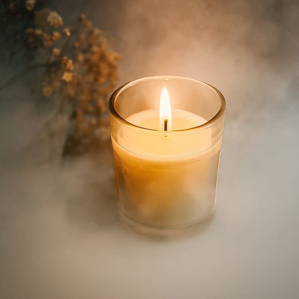 The Scented Votive Candle illuminating a cozy living space, enhancing home fragrance.