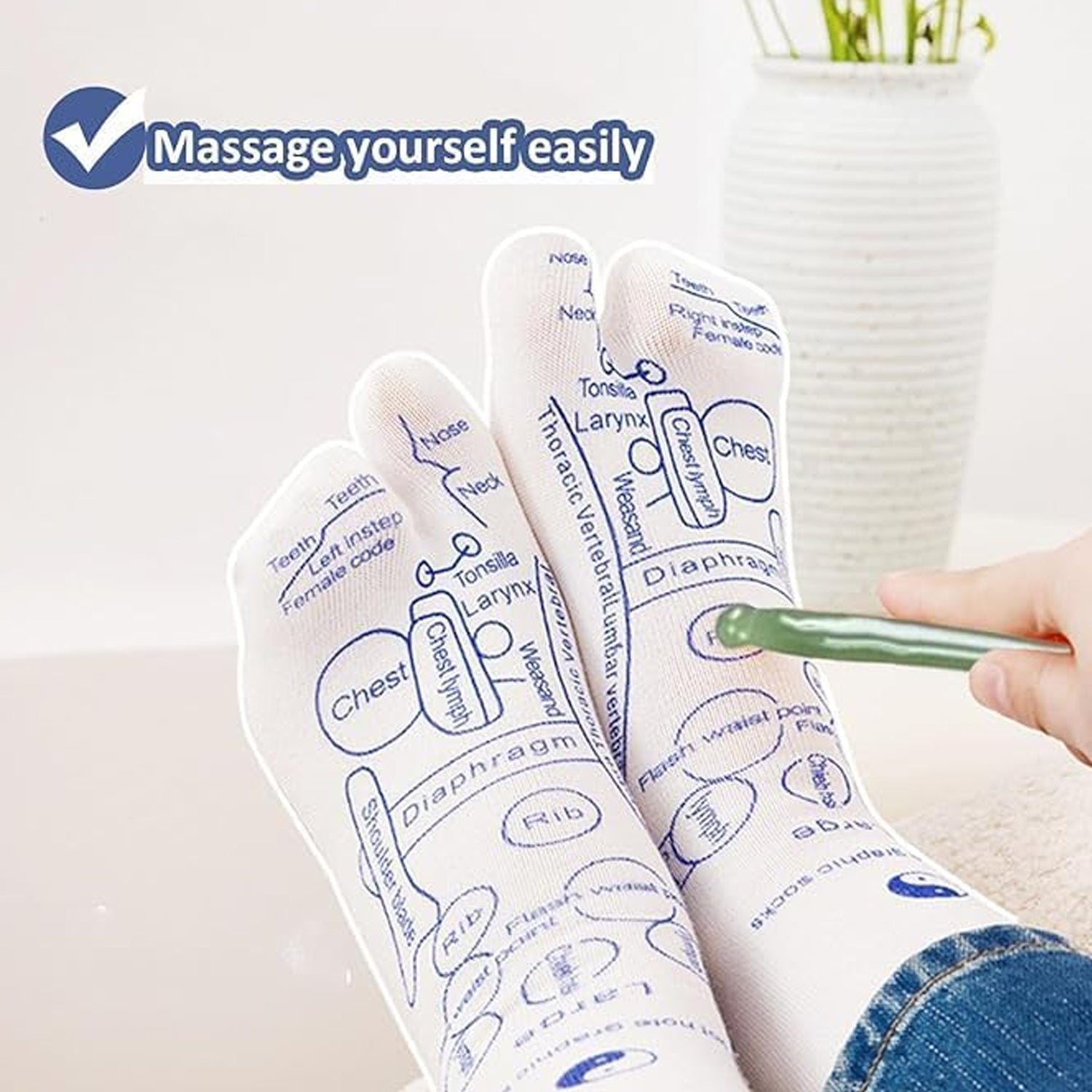 Full set of reflexology therapy socks paired with acupressure massage stick