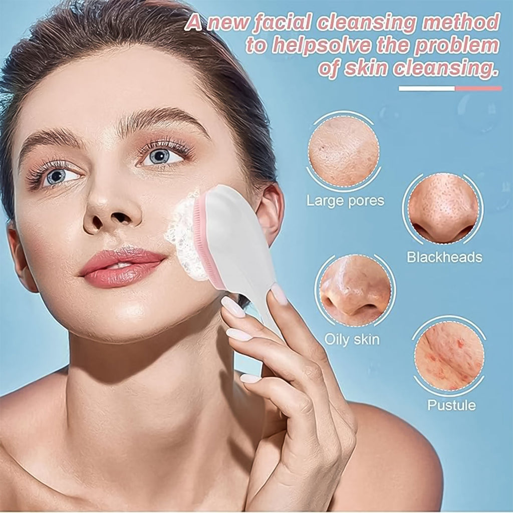 Compact silicone facial cleansing brush, ideal for travel and on-the-go skincare.