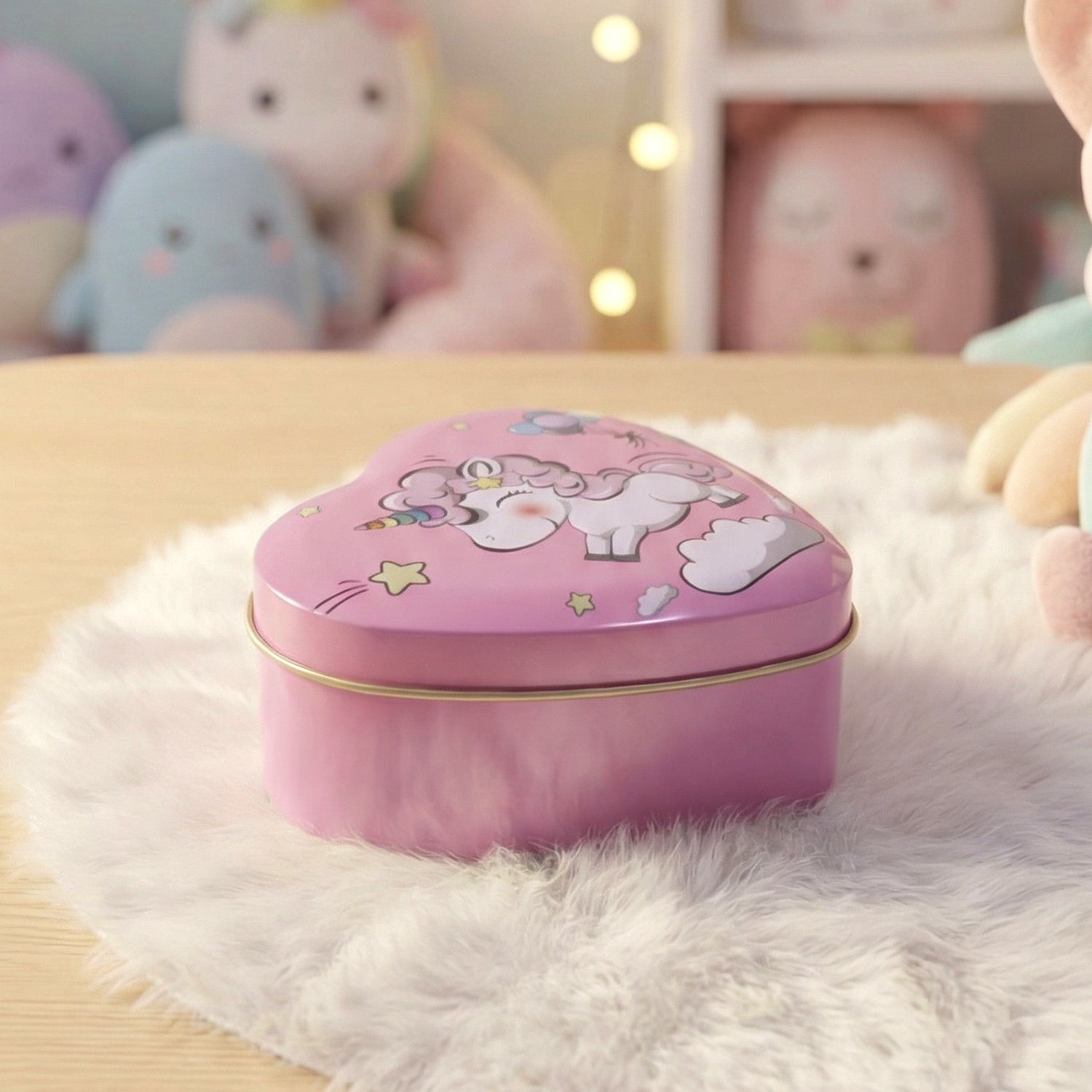 Heart shaped gift box featuring a charming unicorn design