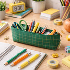 Colorful pens and pencils organized in the green grid stationery pouch.