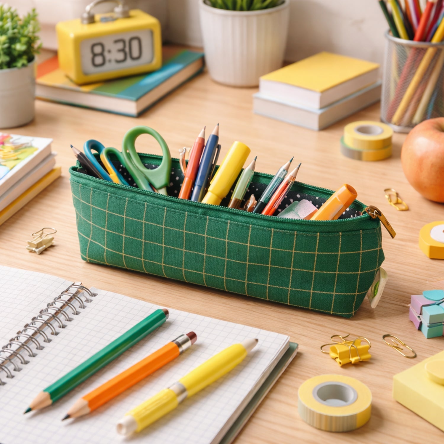 Colorful pens and pencils organized in the green grid stationery pouch.