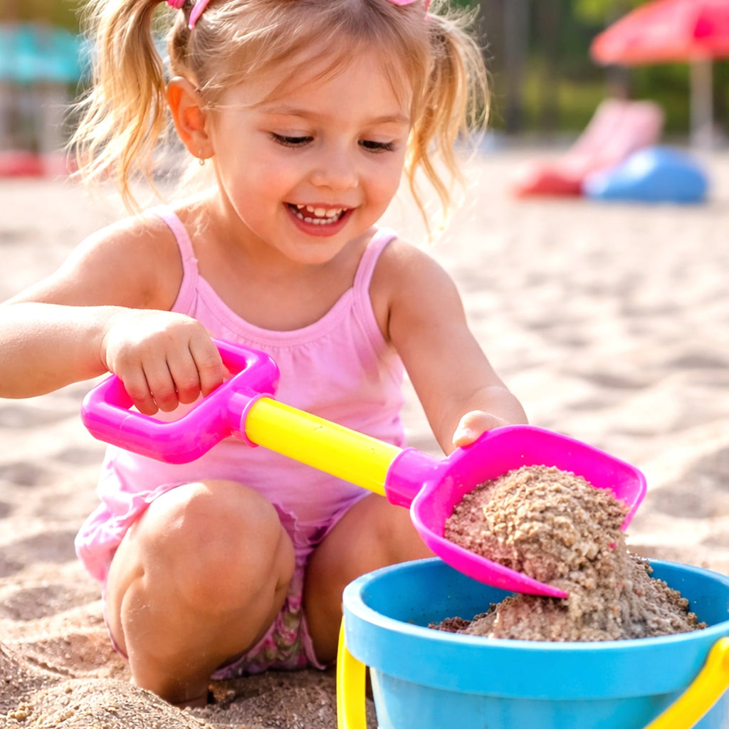 Close-up of brightly colored kids beach plastic sand shovel