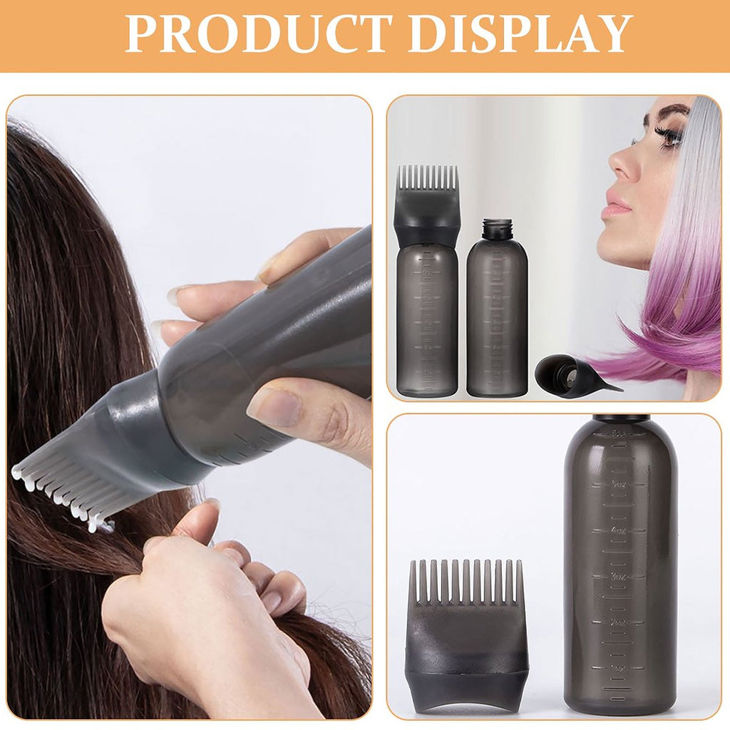 Hair styling tool, the comb applicator bottle, shown in action for precise product delivery.