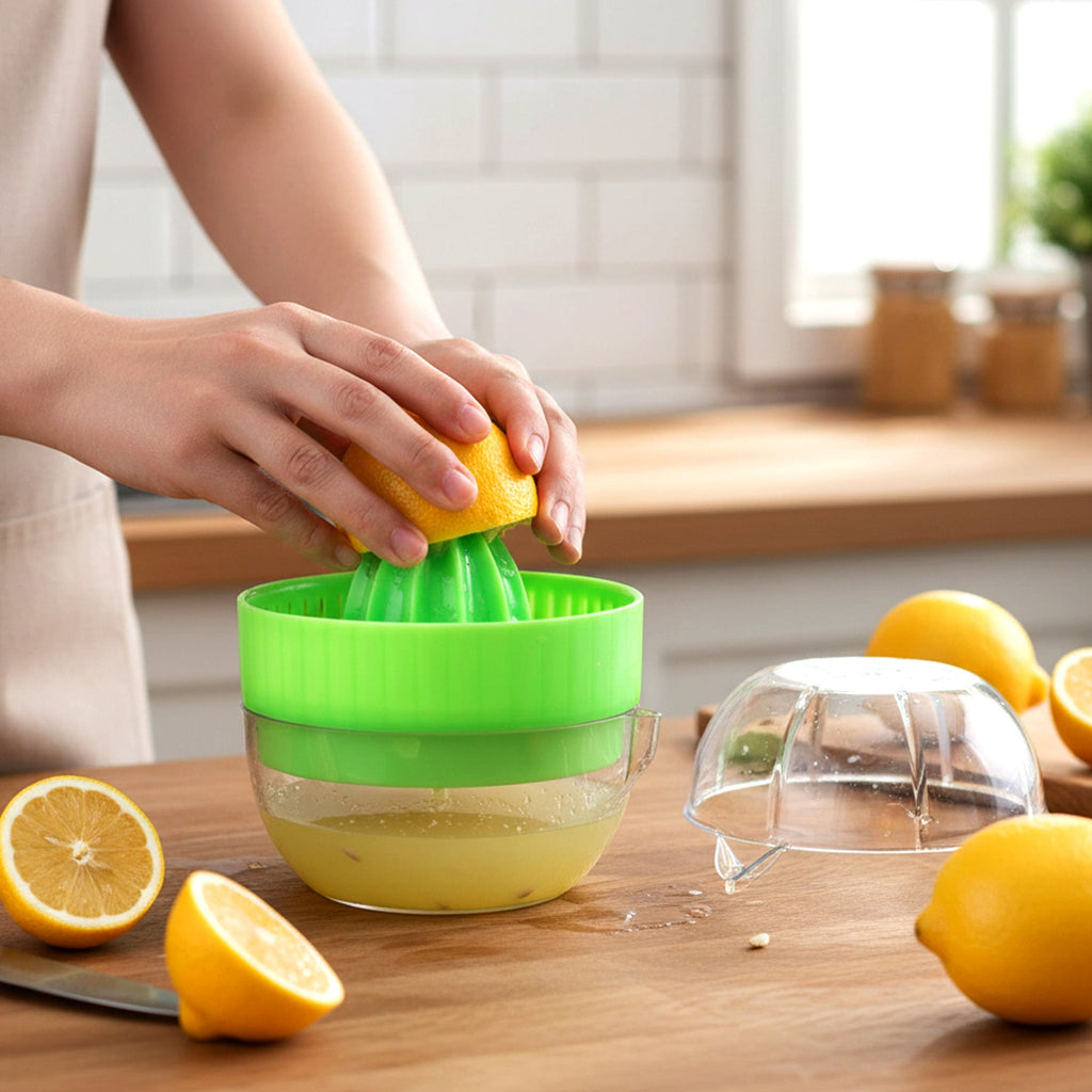 Hand pressing manual citrus juicer extracting juice from orange