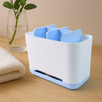 Compact bathroom organizer caddy holding lotions, creams, and other toiletries