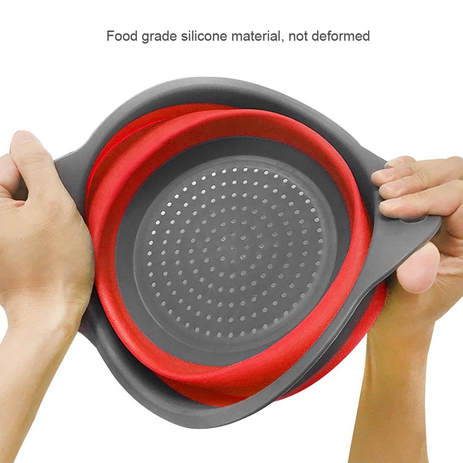 Round foldable silicone strainer demonstrated in a kitchen setting.