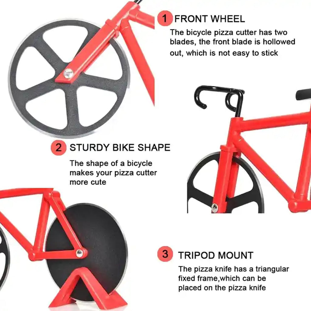 Stylish Quickslice Bicycle Pizza Cutter featuring robust stainless steel construction.