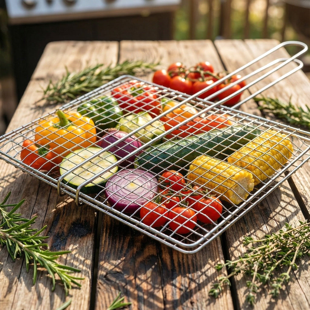 Outdoor barbecue grill basket on grill with various foods