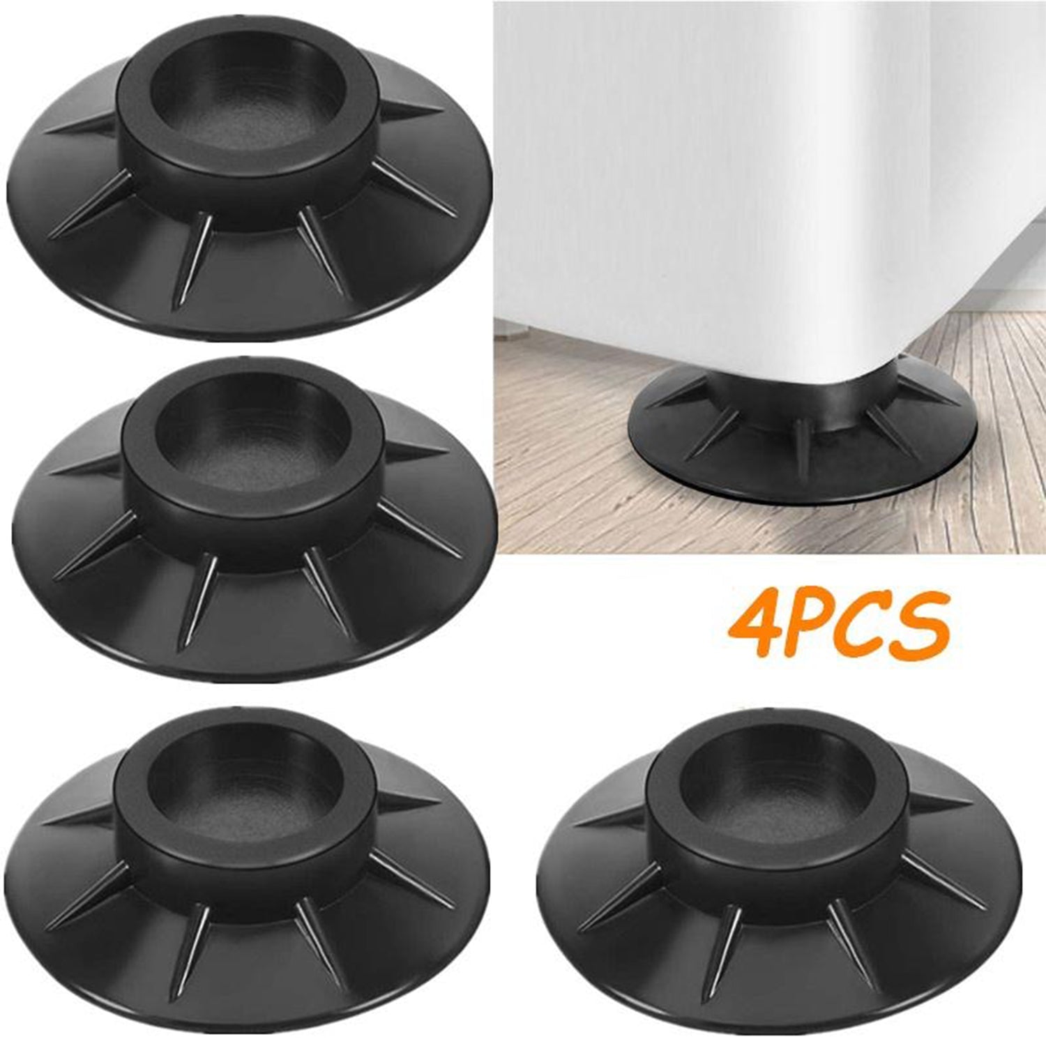 Furniture vibration pads securely placed under table legs for enhanced stability and floor protection.