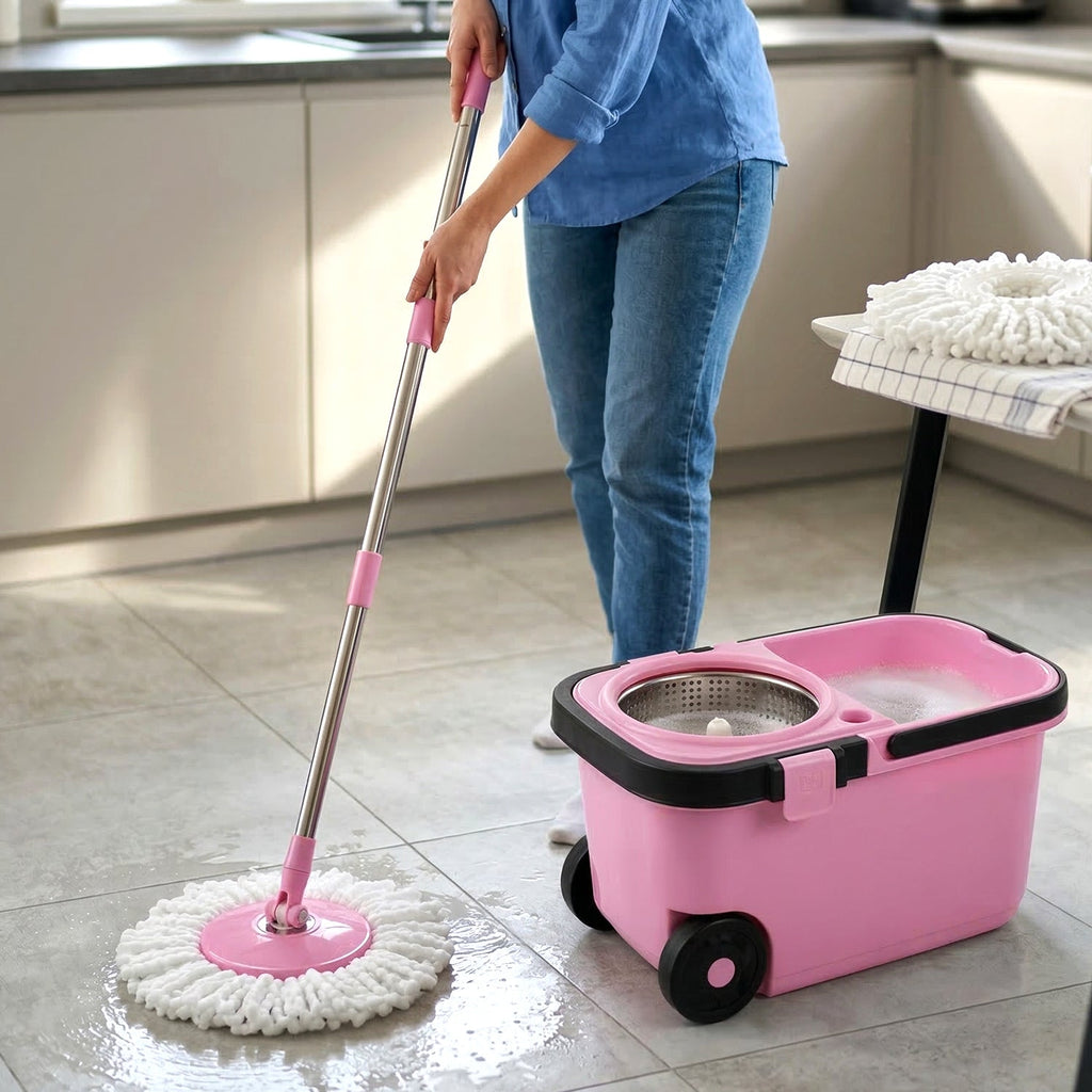 Adjustable stainless steel handle of the spin mop extending for various heights.