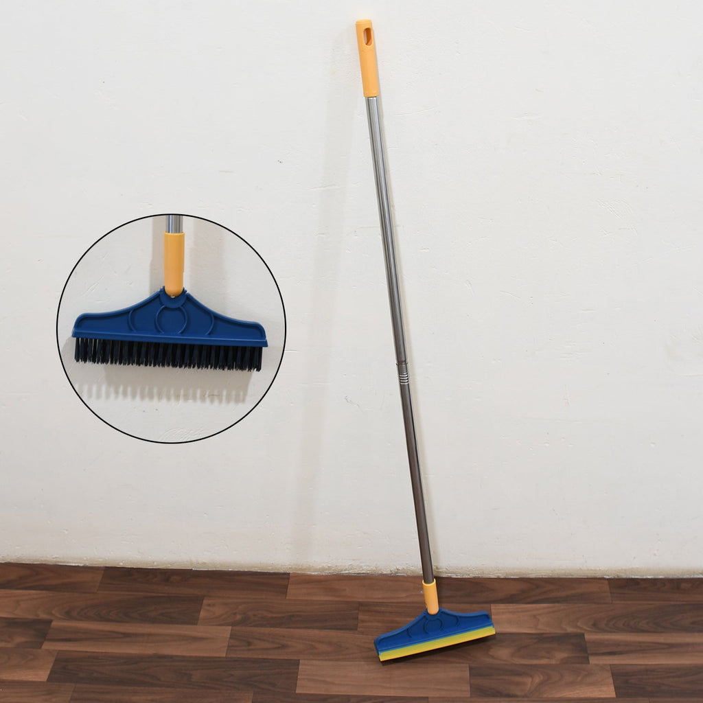Versatile 2-in-1 long handle floor cleaning brush and wiper in action.