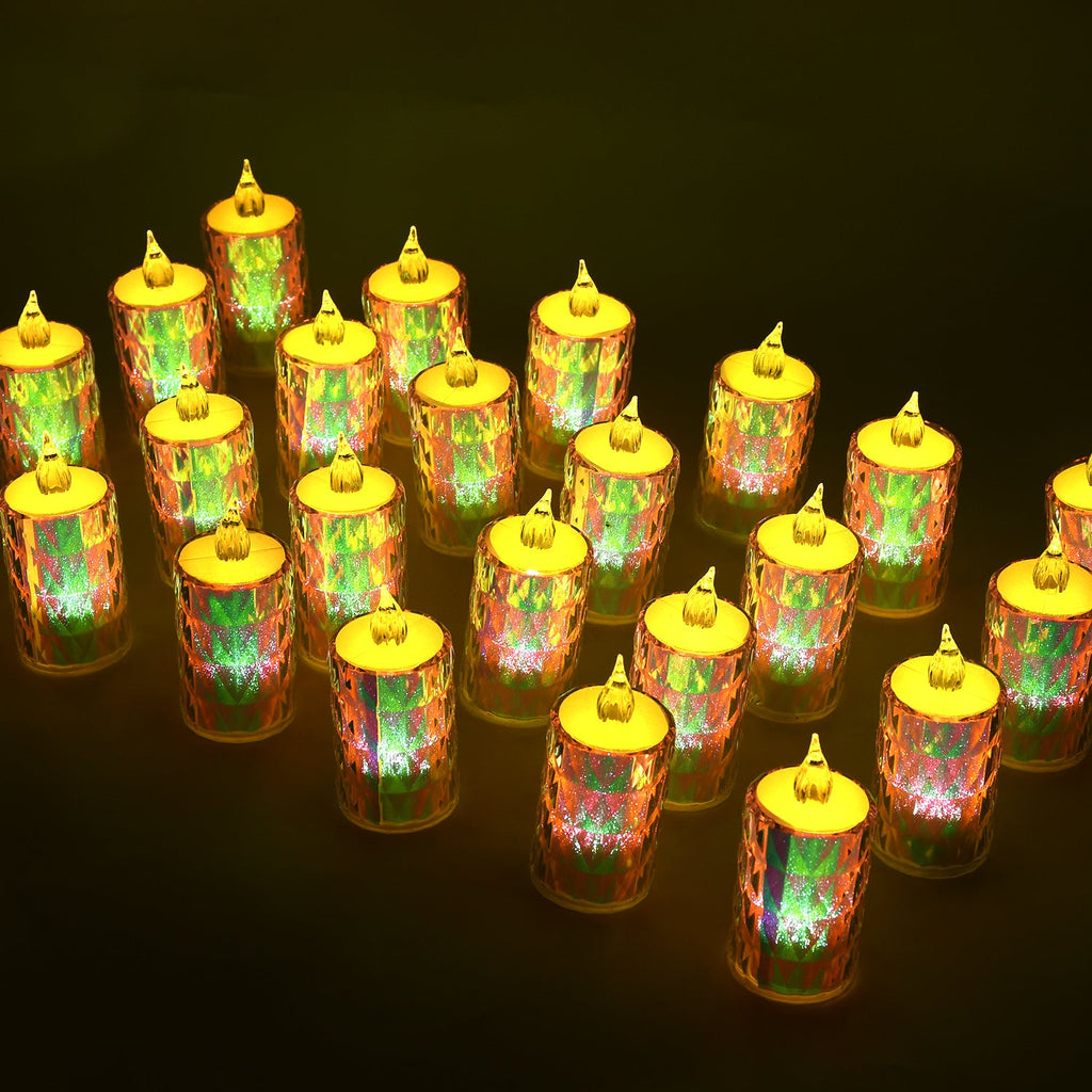 Assortment of multi-colored flameless LED tea lights creating a vibrant display.
