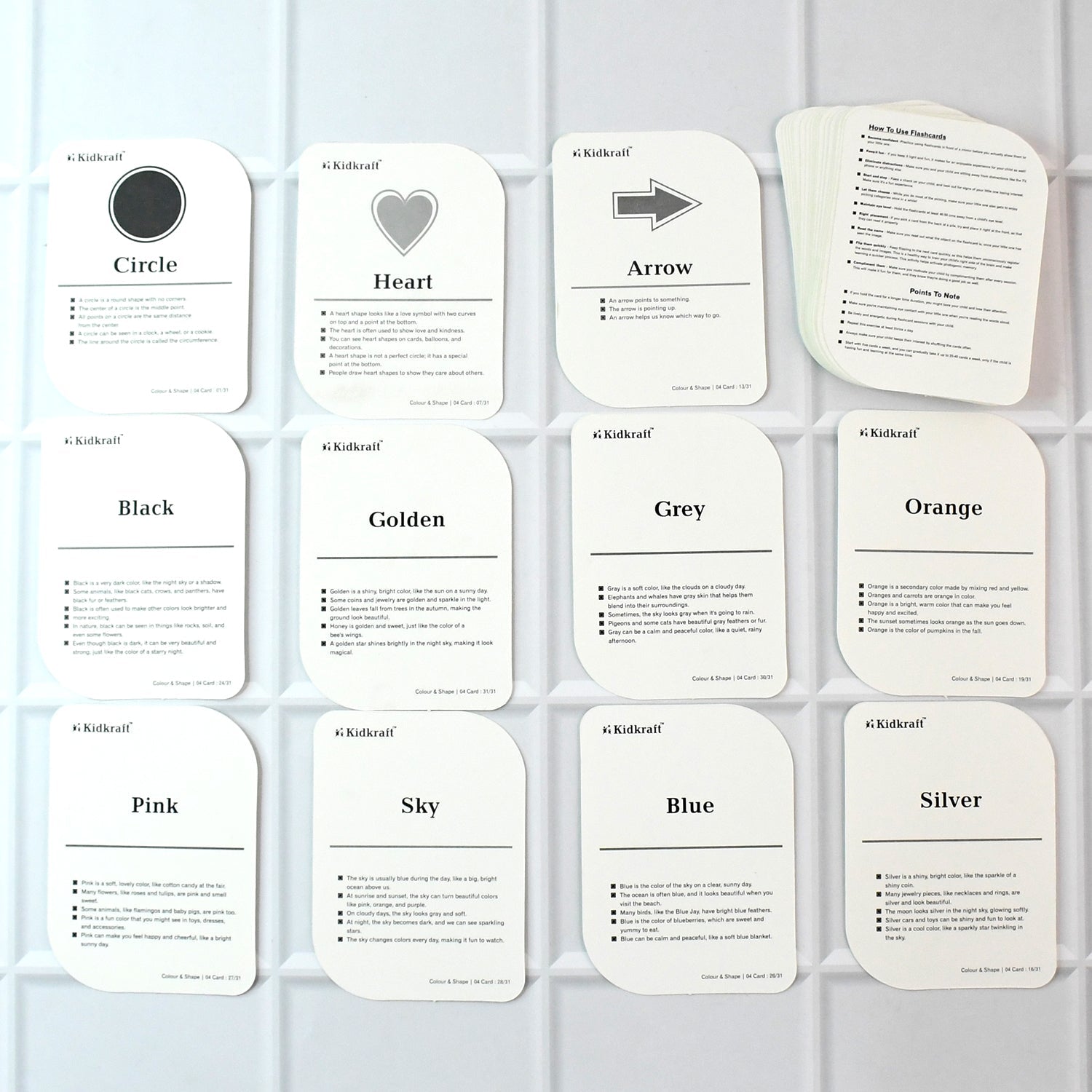 Complete 32-piece flashcard set featuring colors and shapes with bold text