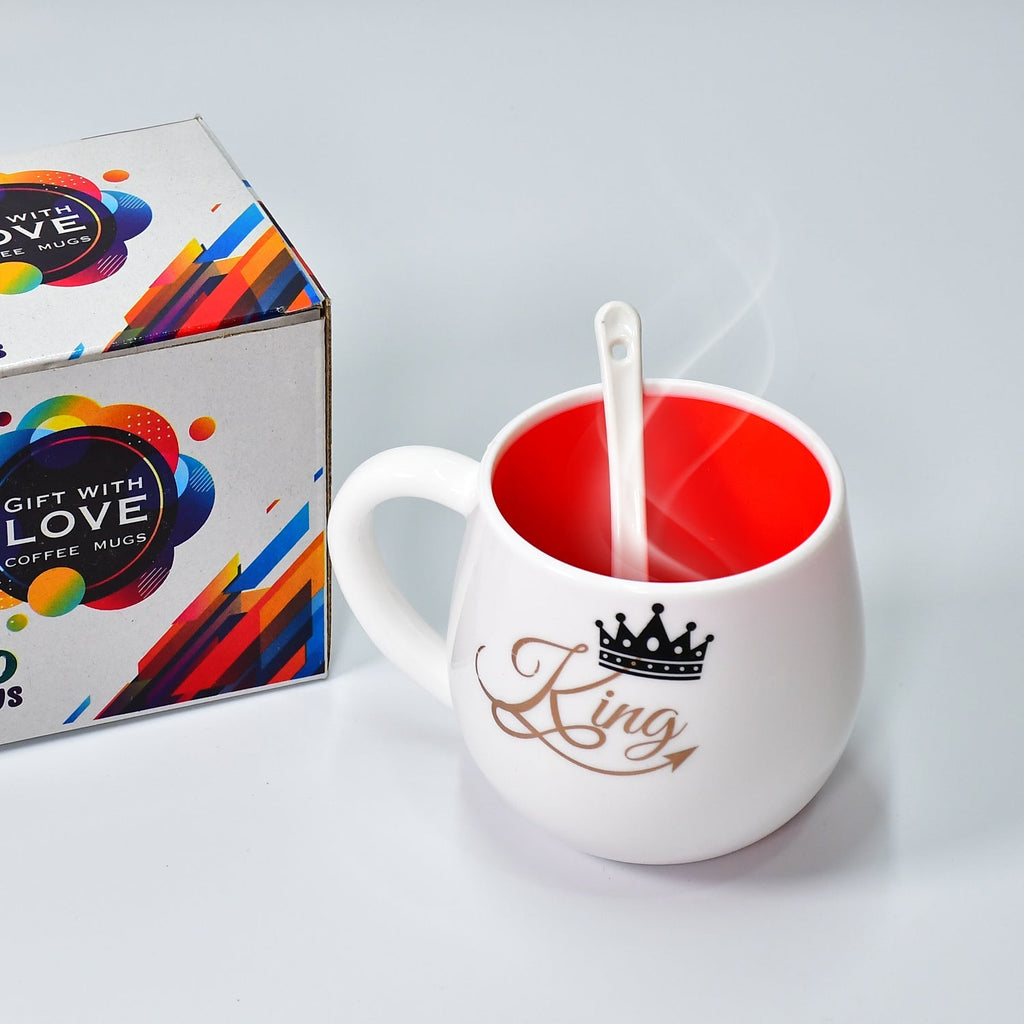 Durable plastic coffee mug with spoon, safe for microwave use.