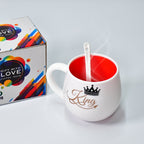 Durable plastic coffee mug with spoon, safe for microwave use.