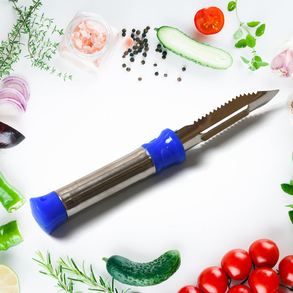 Detailed view of the sharp cutting edge of the stainless steel vegetable peeler.