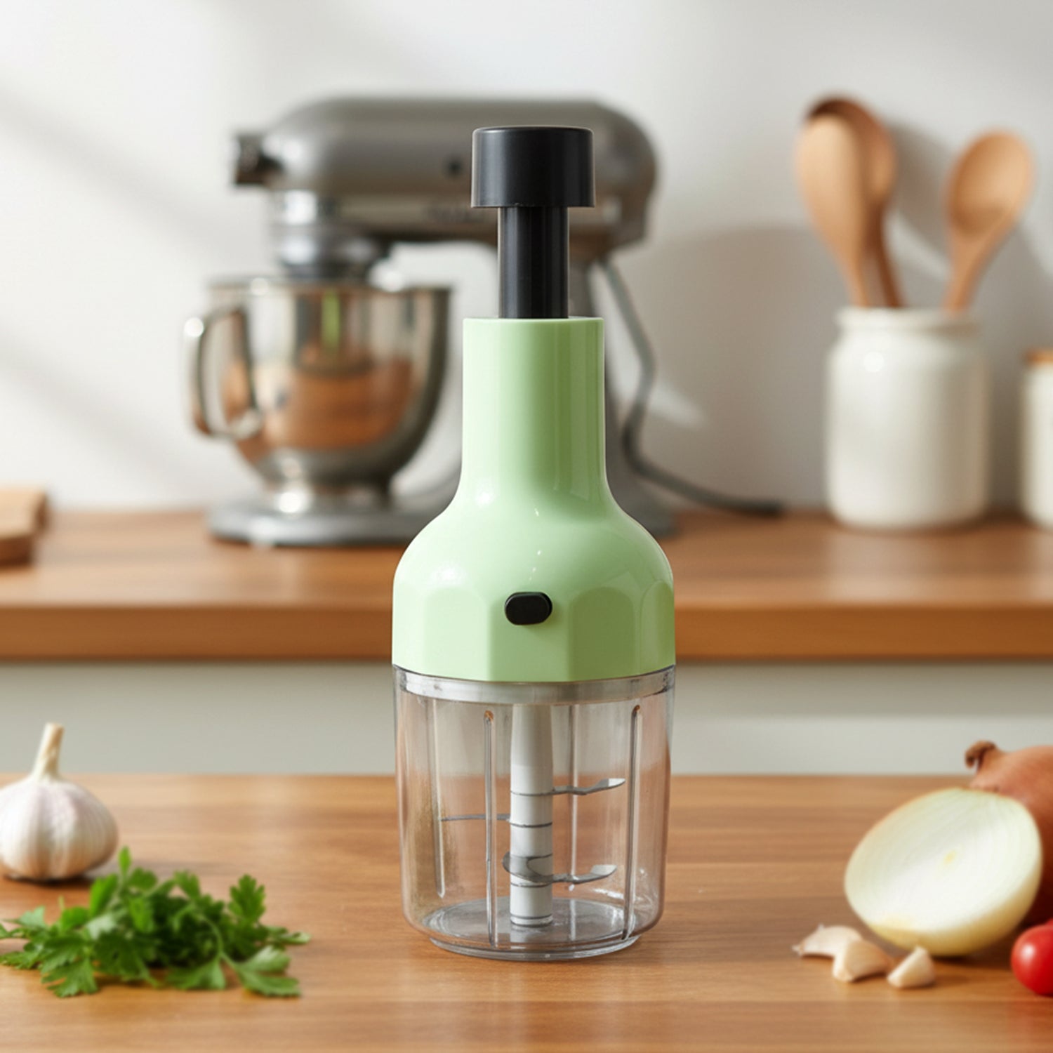 Compact manual vegetable chopper suitable for household kitchens