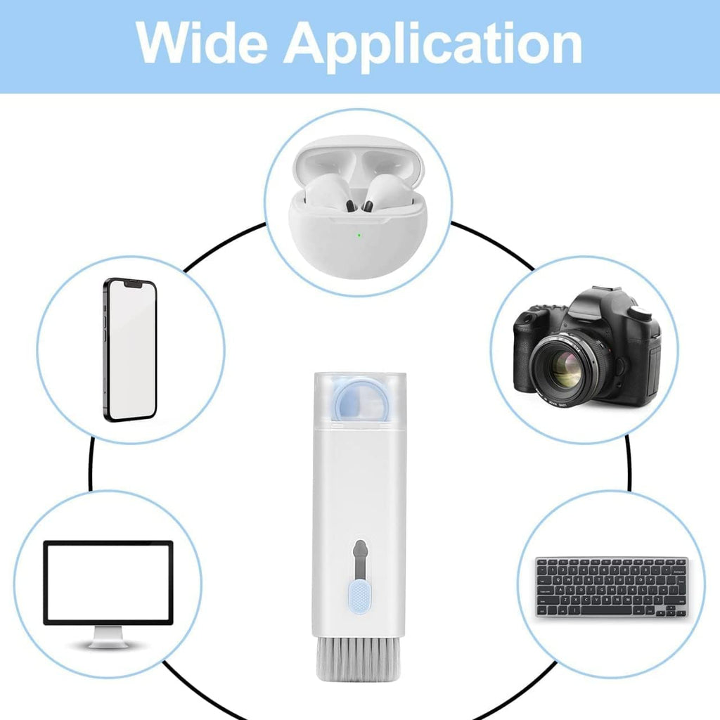 Detailed view of the AirPods cleaning pen removing dirt from earphone speaker mesh.