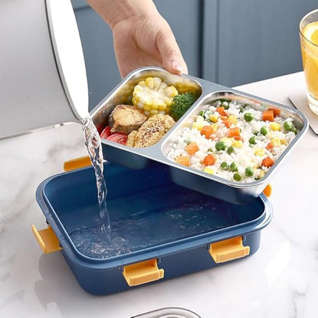 Compact stainless steel lunch container with included spoon