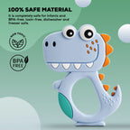 Close-up showing flexible, safe silicone dinosaur baby teether texture