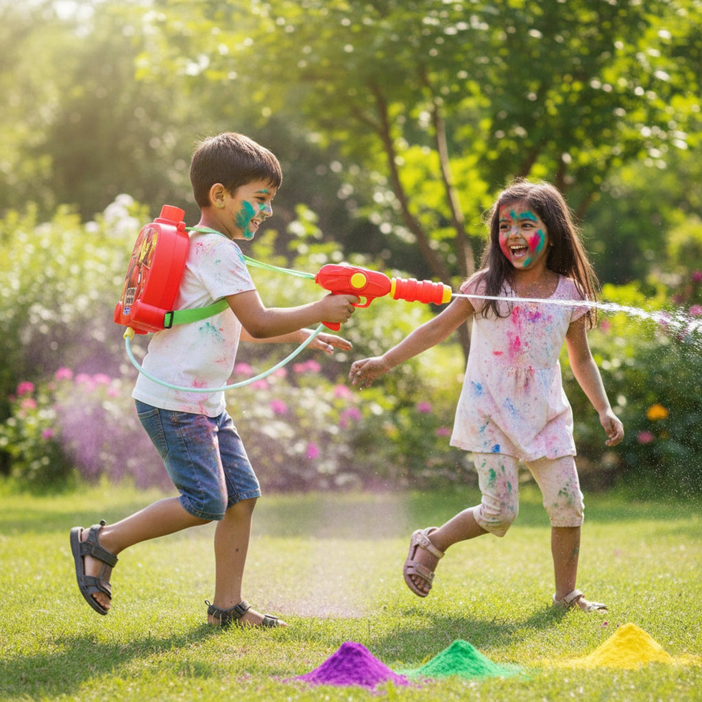Long range water gun with backpack reservoir for outdoor water fights