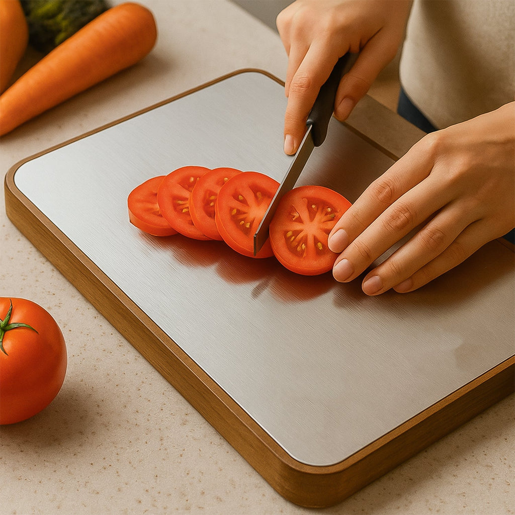 Stainless steel cutting surface and wooden frame of Steel Oak Cutting Board