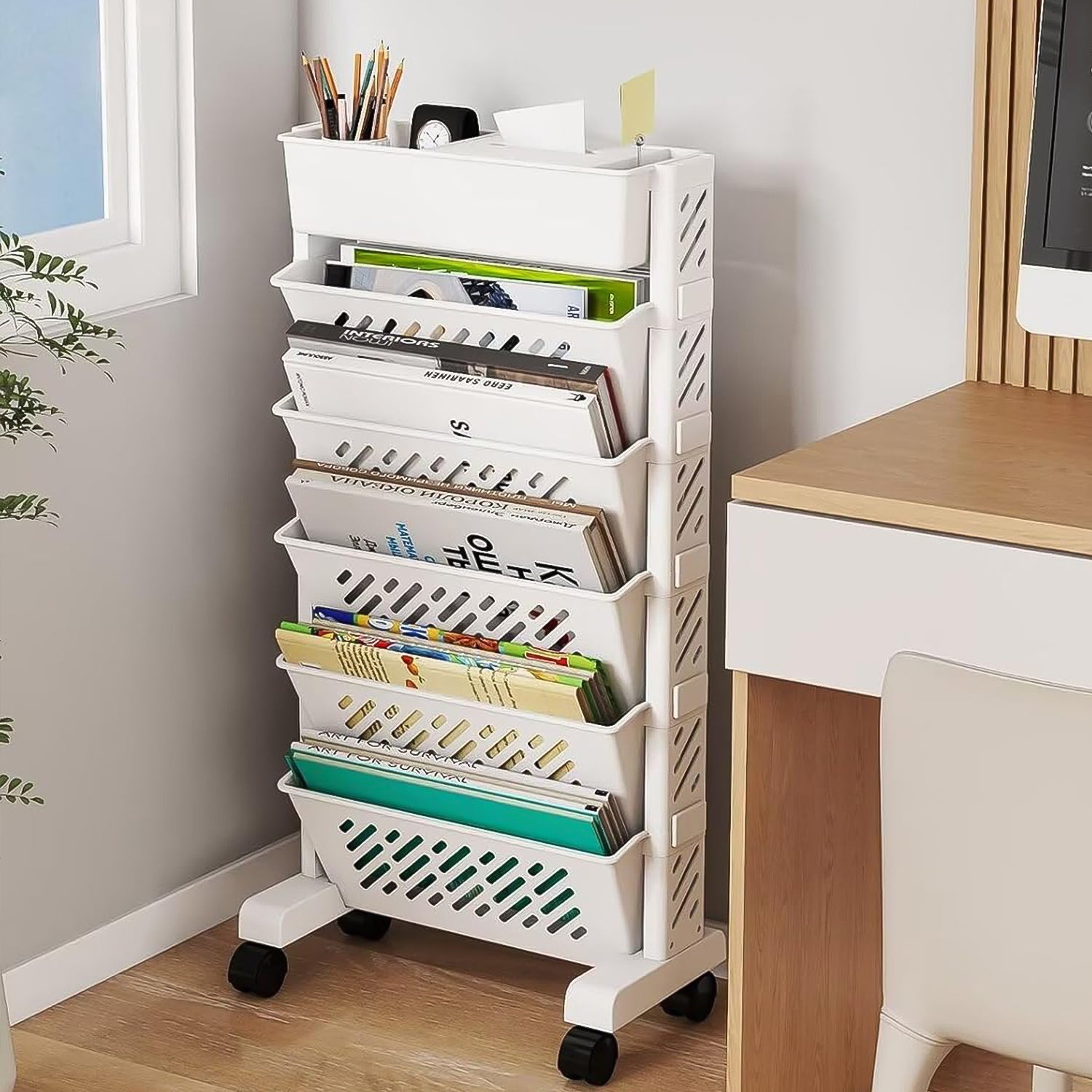 Multi-tier plastic shelving unit on wheels for versatile storage