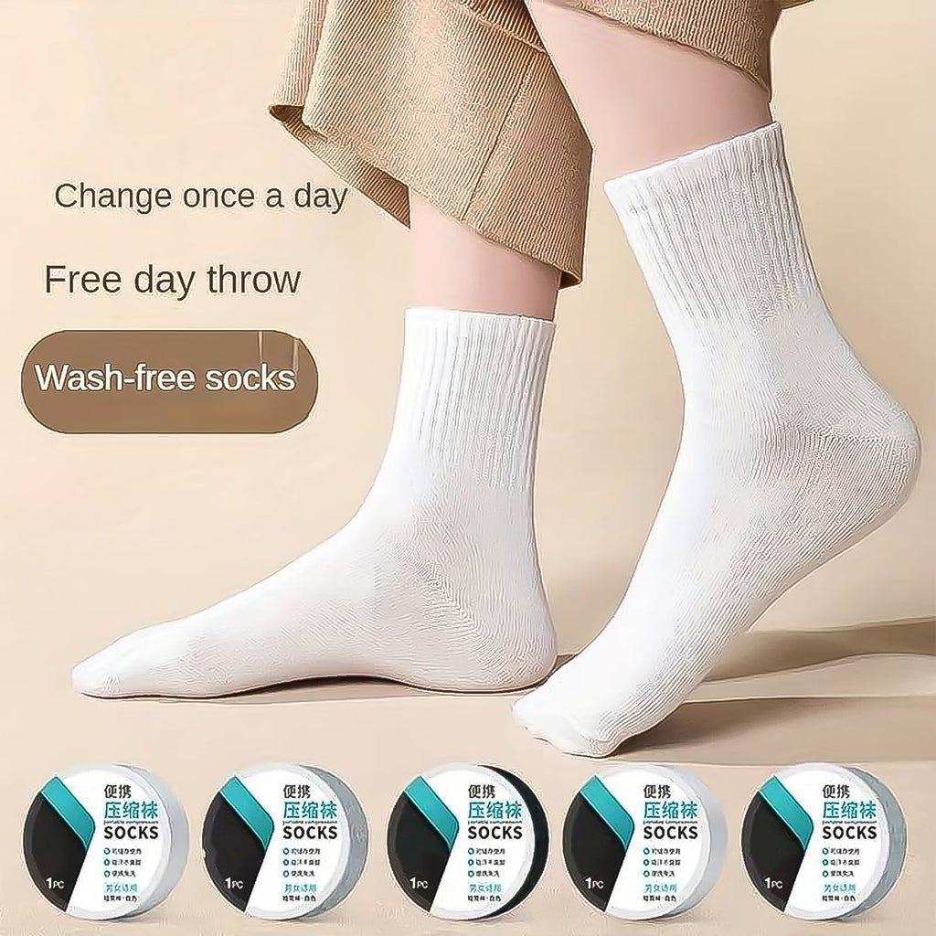 Packaged portable disposable socks, highlighting their compact size.