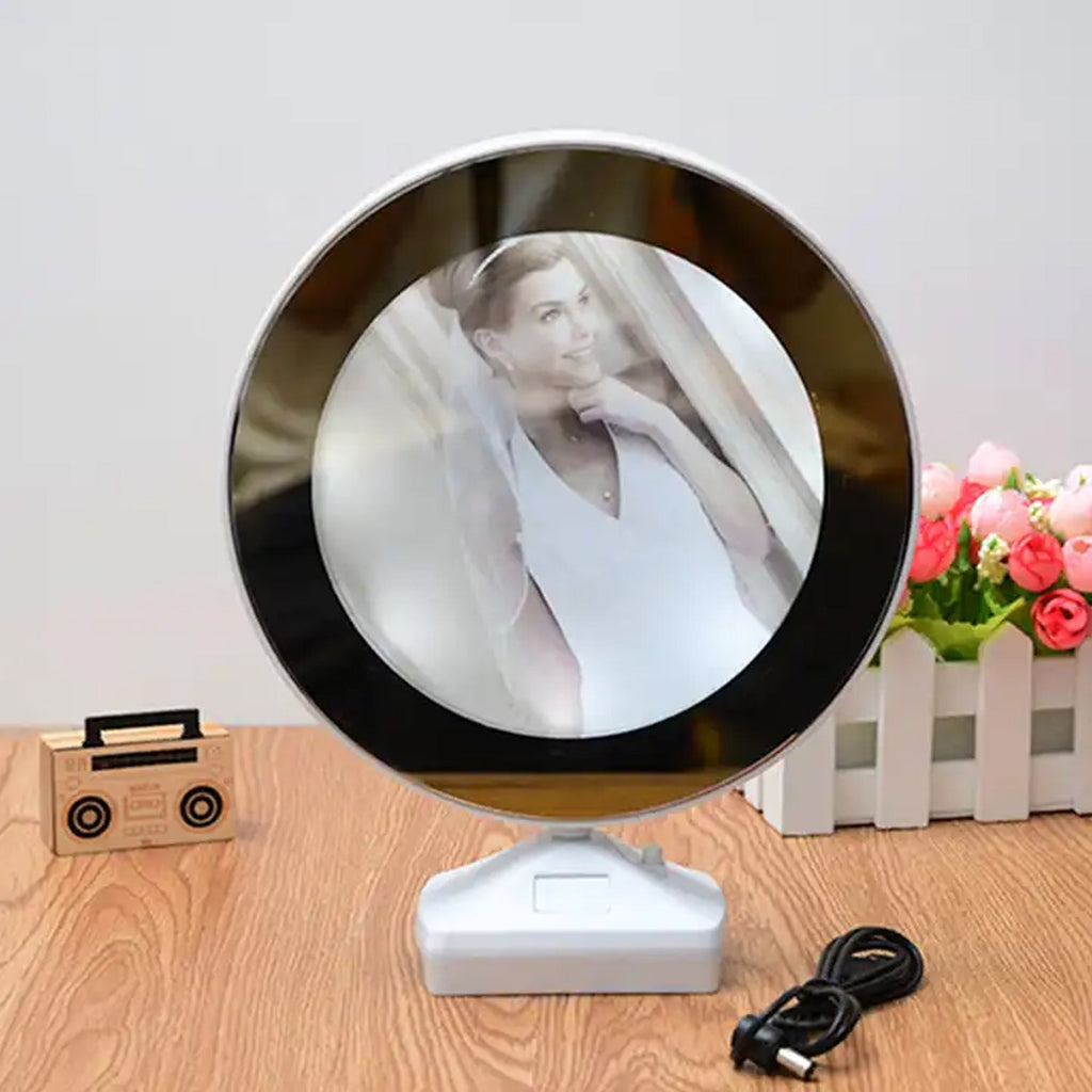 Back view of the LED Mirror Photo Frame, showing its stable table-mounted base.