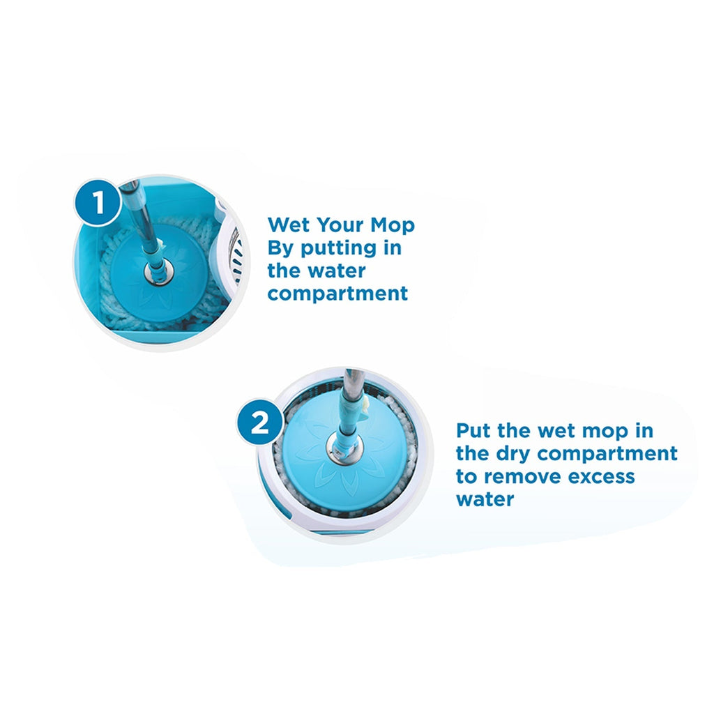 Top-down view of the Ganesh 360 Spin Mop with Wheels, ready for deep cleaning.