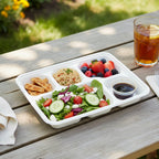 Pack of 10 compostable meal trays made from renewable bagasse material