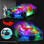 The transparent gear car toy demonstrating its bump-and-go feature, changing direction automatically.