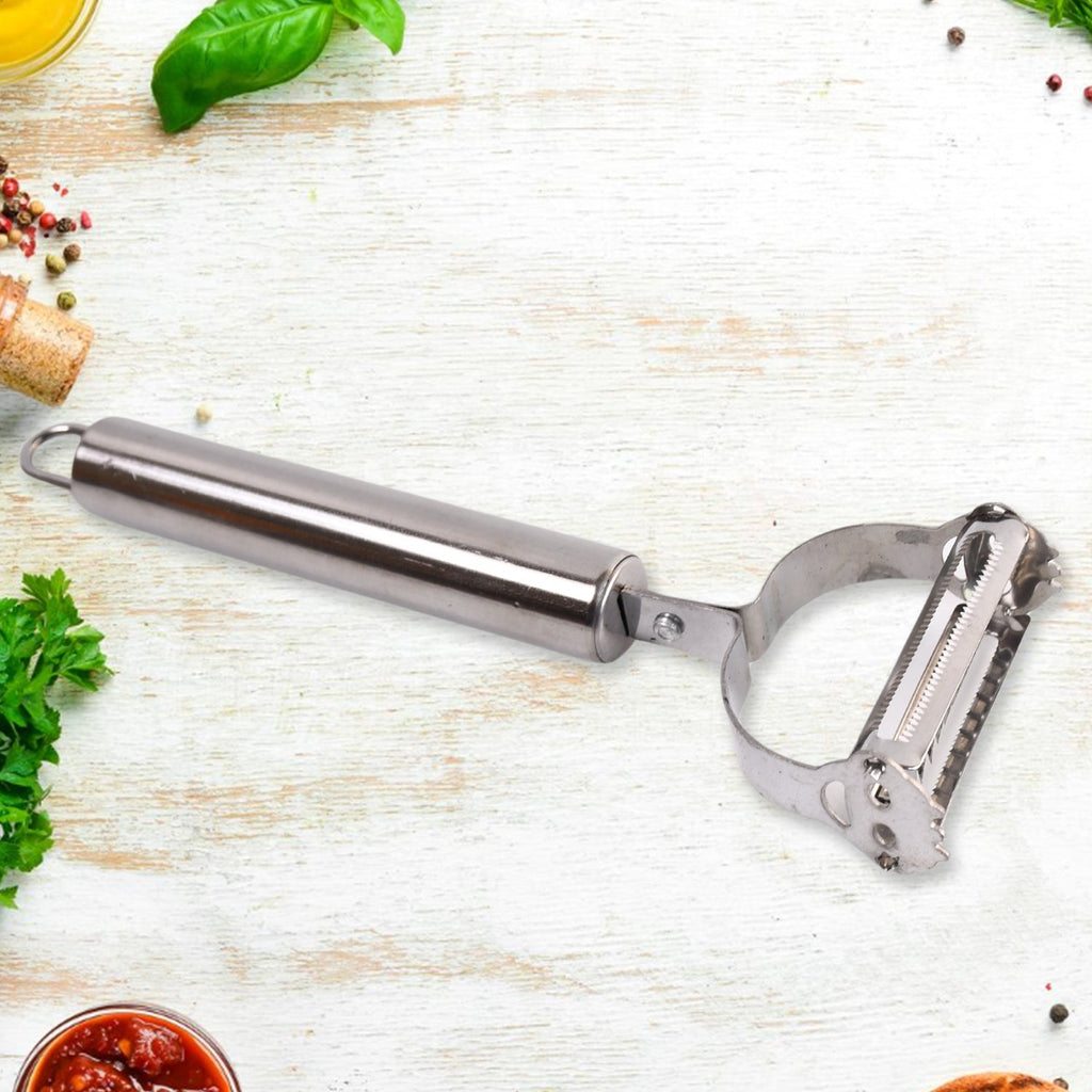 Ergonomic stainless steel peeler handle designed for comfortable grip