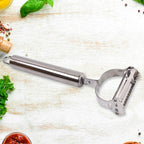 Ergonomic stainless steel peeler handle designed for comfortable grip