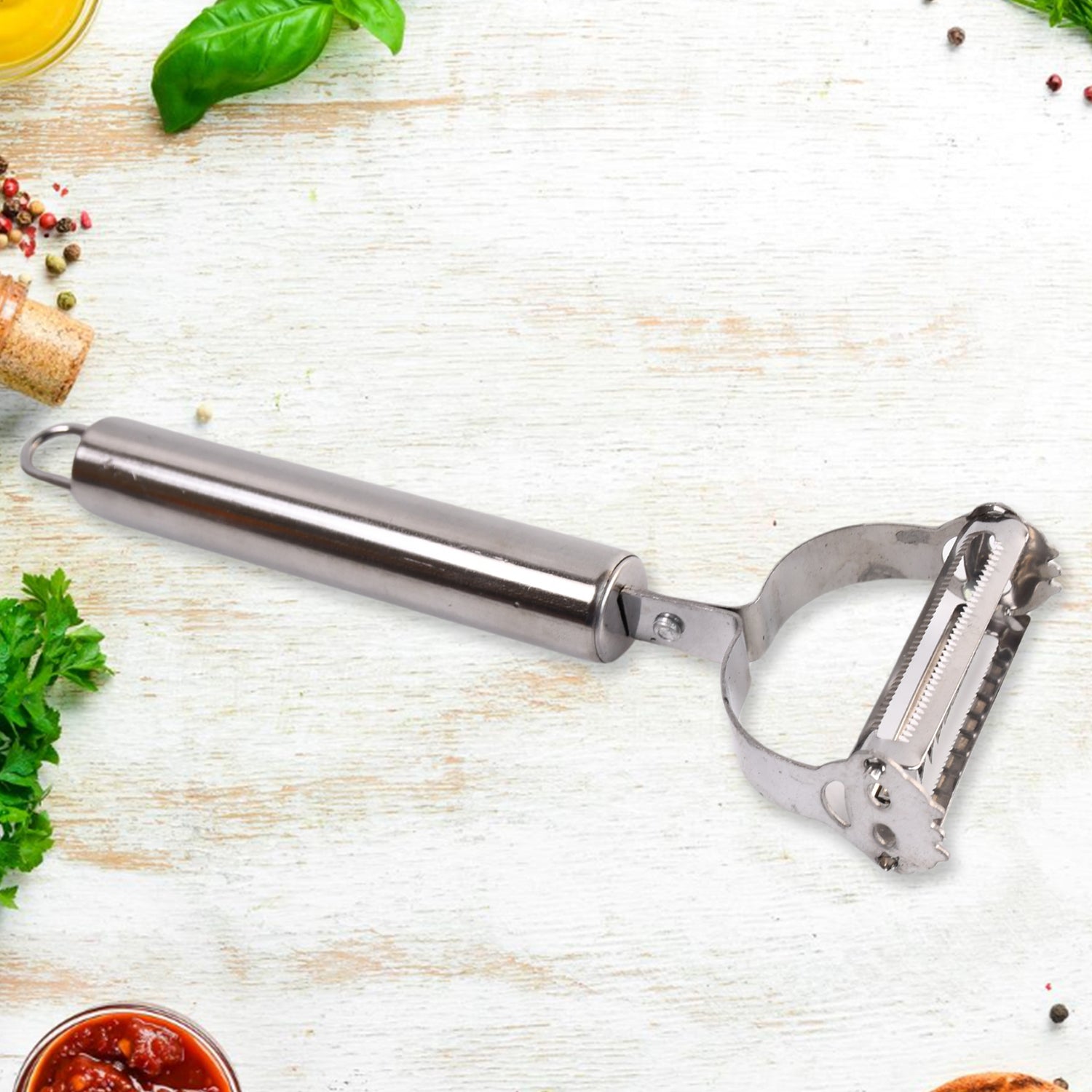 Ergonomic stainless steel peeler handle designed for comfortable grip