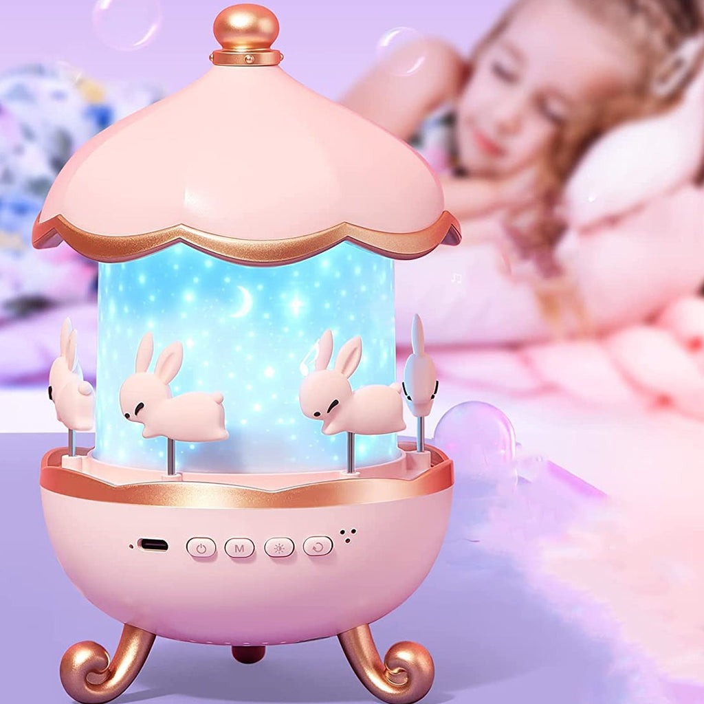 Magic Whirl LED Carousel Lamp with rotating bunny figures emitting soft light