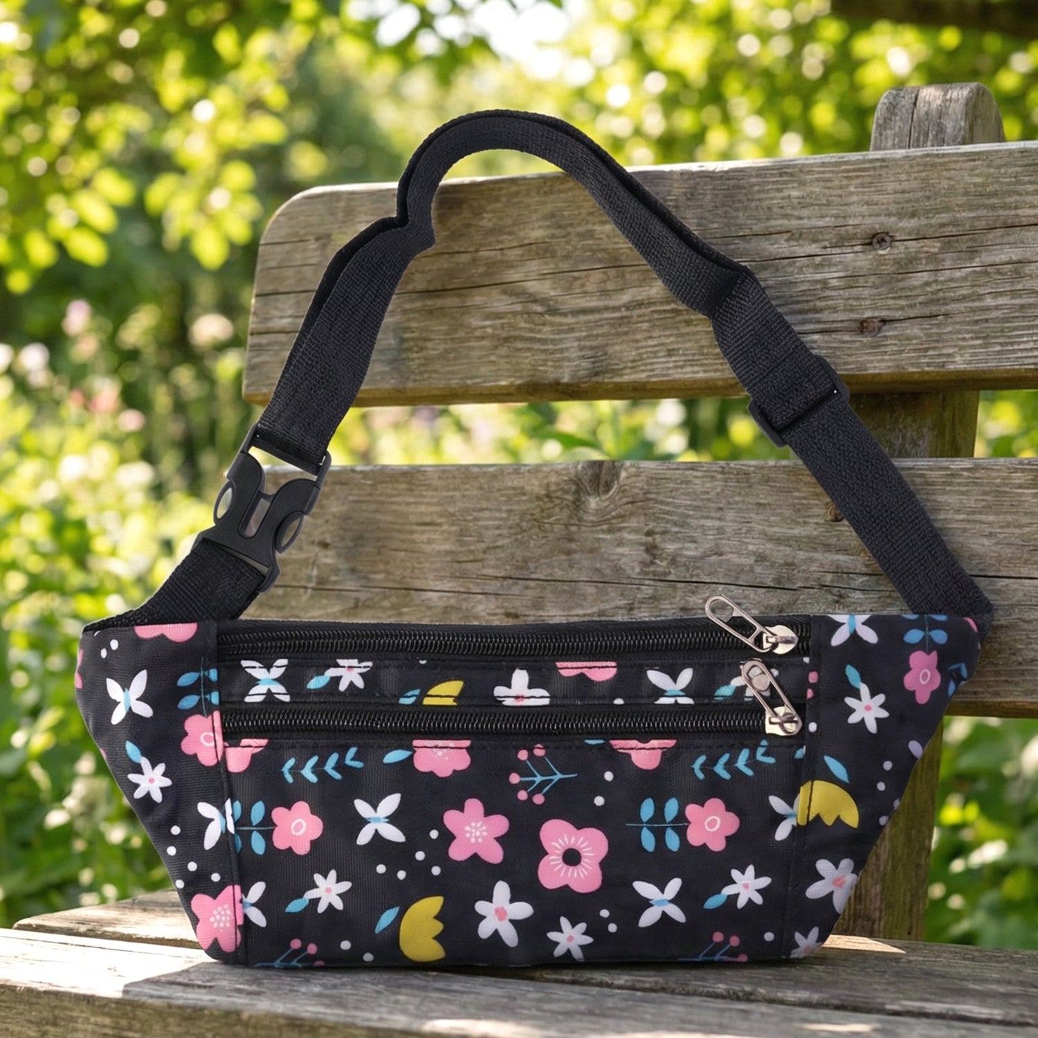 Adjustable strap on floral print waist bag for versatile wear