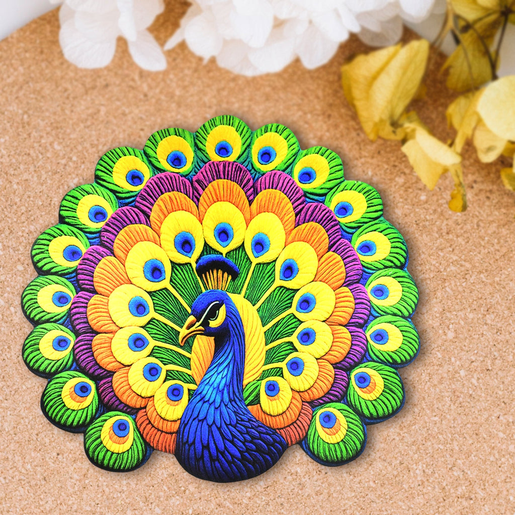 Side angle showing thickness and edge finish of round peacock floor mat