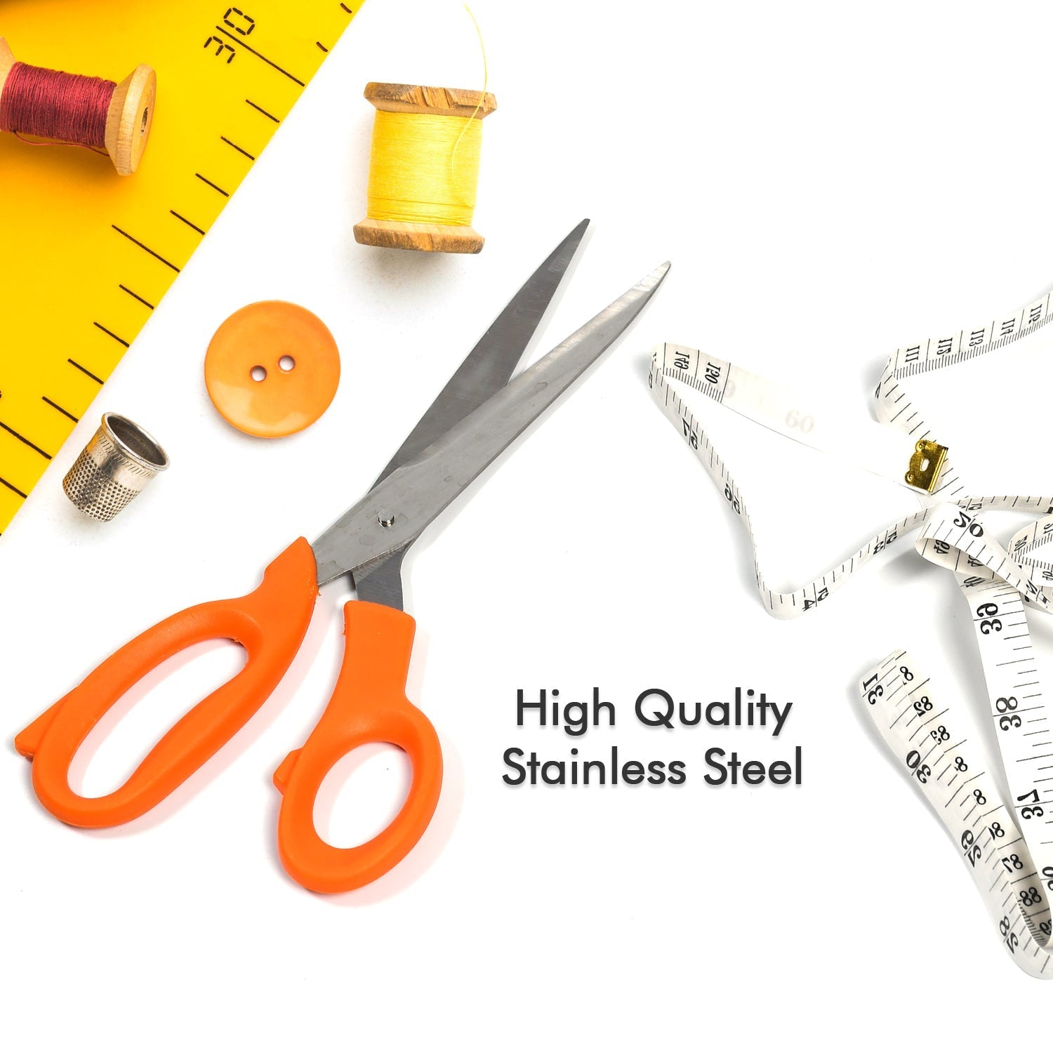 A tailor's workstation with sewing scissors and a tape measure, highlighting craft use.