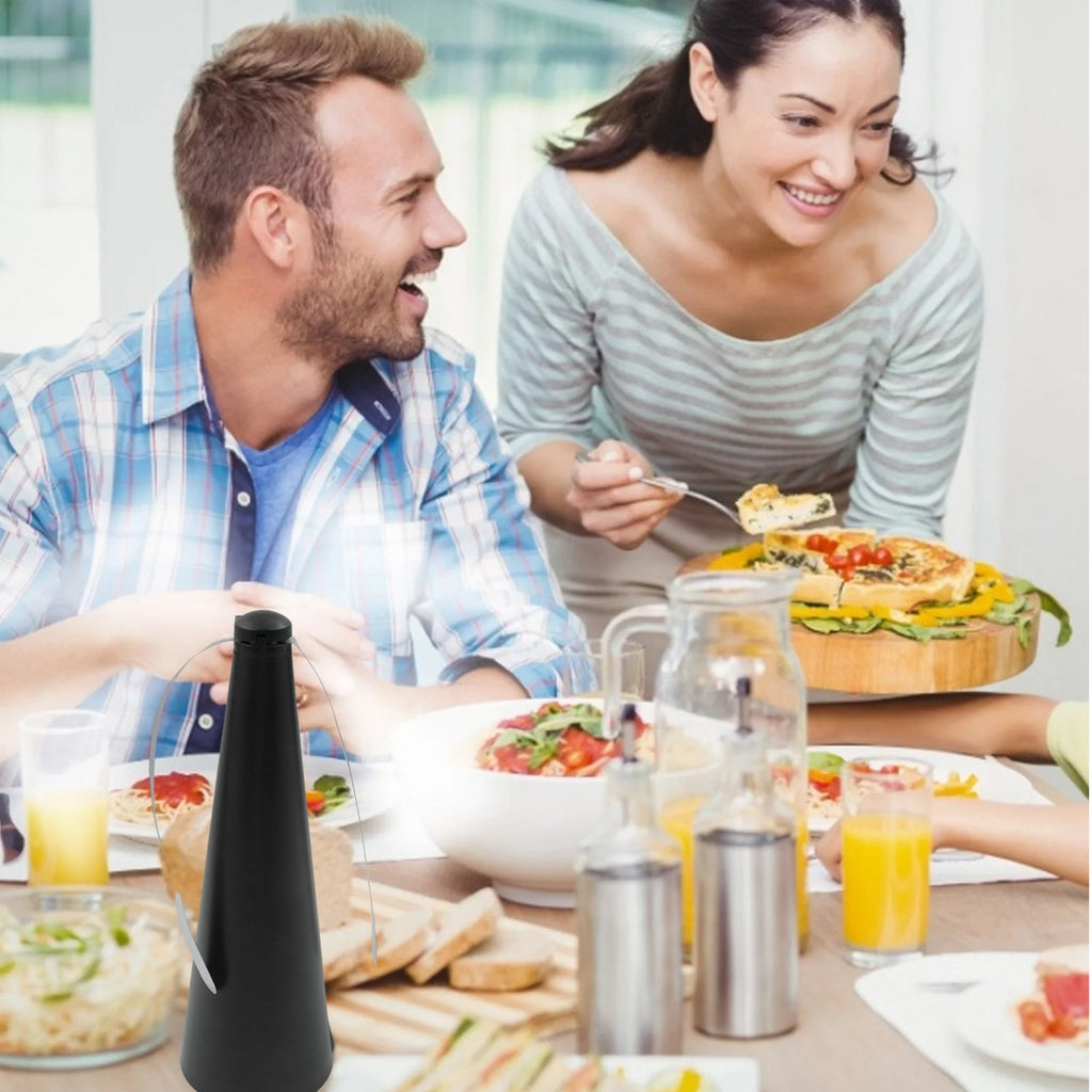 Chemical-free fly control fan, safe for families and pets, shown in an outdoor setting.